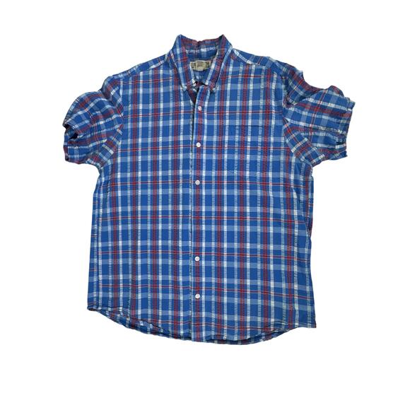 Duluth Trading Mens Button Up Shirt Size Large Blue Red White Plaid Seersucker - Picture 5 of 8